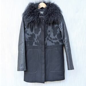 Athé Vanessa Bruno Black Faux Leather/Wool Fur Full Zip Coat, size FR36/US4/S